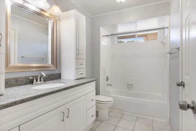 4910 Bayfair St, Pasadena, TX 77505 - full bath featuring tile patterned floors, vanity, ornamental molding, and shower / bath combination