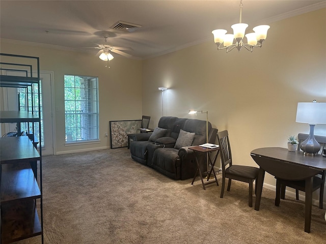 2815 Kings Crossing Dr Unit 308, Houston, TX 77345 - carpeted living area featuring a chandelier, crown molding, baseboards, and ceiling fan