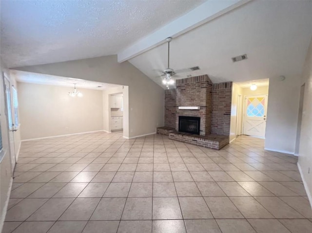 16307 Thistleglen Dr, Houston, TX 77095 - unfurnished living room with a ceiling fan, a fireplace, light tile patterned floors, a chandelier, and a textured ceiling