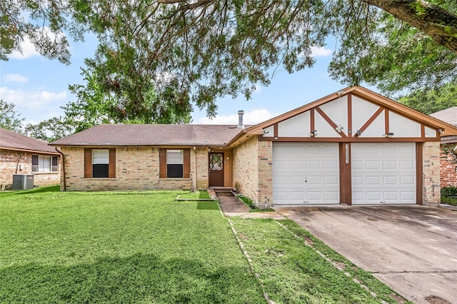 16307 Thistleglen Dr, Houston, TX 77095 - view of front facade with a garage, central AC unit, brick siding, and a front lawn