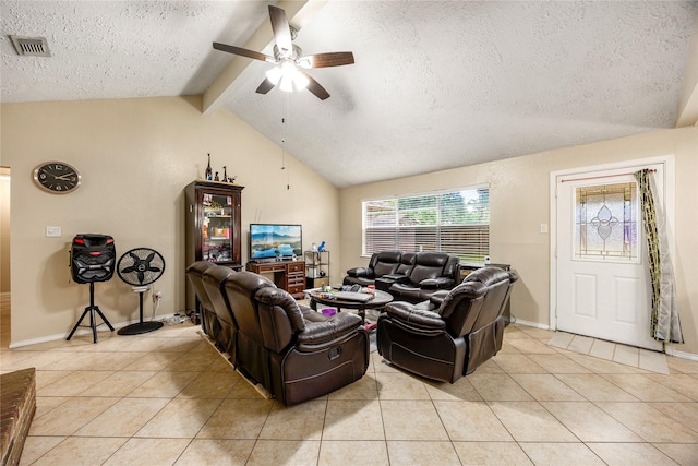 16307 Thistleglen Dr, Houston, TX 77095 - living area featuring a textured ceiling, a ceiling fan, light tile patterned floors, and baseboards