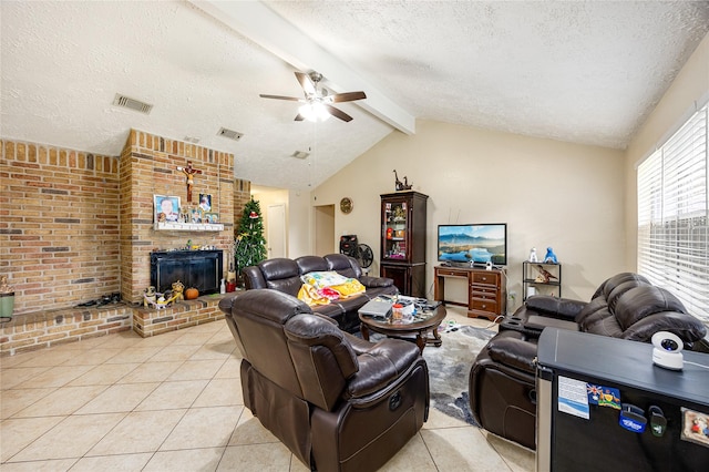 16307 Thistleglen Dr, Houston, TX 77095 - living room featuring a textured ceiling, a ceiling fan, light tile patterned floors, a brick fireplace, and brick wall