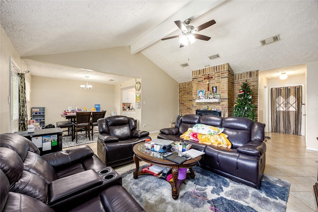 16307 Thistleglen Dr, Houston, TX 77095 - living room with tile patterned flooring, ceiling fan, a chandelier, a textured ceiling, and baseboards