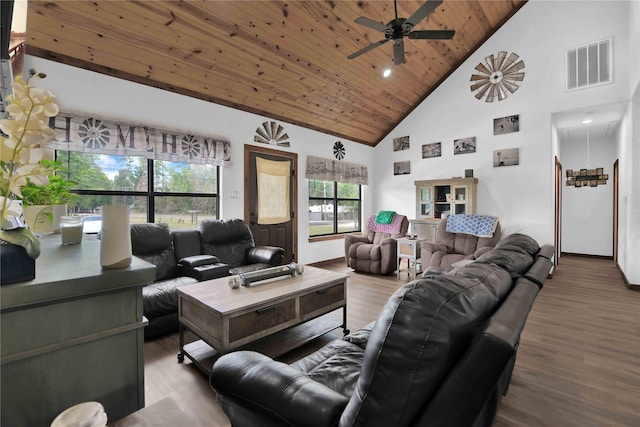 711 Forest Spgs, Livingston, TX 77351 - living area with high vaulted ceiling, attic access, a ceiling fan, wood ceiling, and wood finished floors