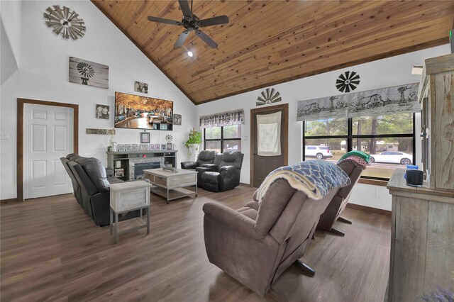 711 Forest Spgs, Livingston, TX 77351 - living room with high vaulted ceiling, wooden ceiling, ceiling fan, wood finished floors, and a fireplace