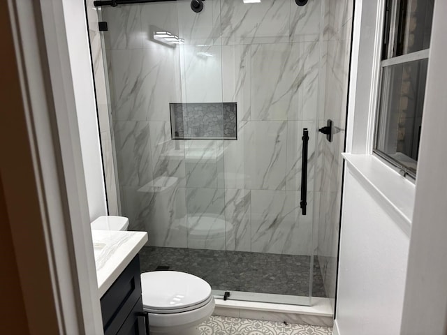 3706 Galway Ln, Houston, TX 77080 - bathroom with toilet, vanity, and a marble finish shower