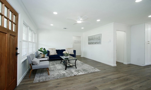 5313 De Lange Ln, Houston, TX 77092 - living area featuring ceiling fan, dark wood-type flooring, recessed lighting, and ornamental molding