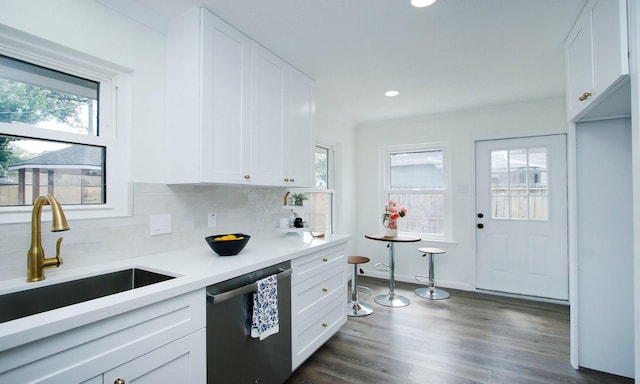 5313 De Lange Ln, Houston, TX 77092 - kitchen with stainless steel dishwasher, a sink, healthy amount of natural light, backsplash, and crown molding