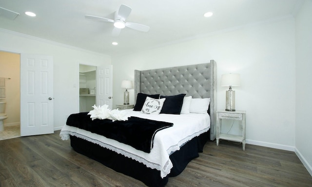 5313 De Lange Ln, Houston, TX 77092 - bedroom with ornamental molding, dark wood-style floors, baseboards, recessed lighting, and ceiling fan