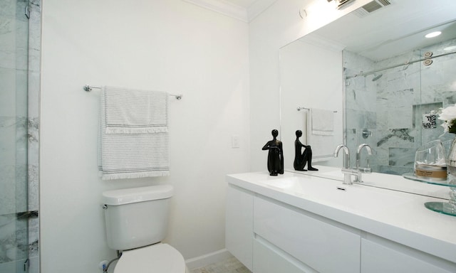 5313 De Lange Ln, Houston, TX 77092 - full bathroom with crown molding, vanity, toilet, and an enclosed shower