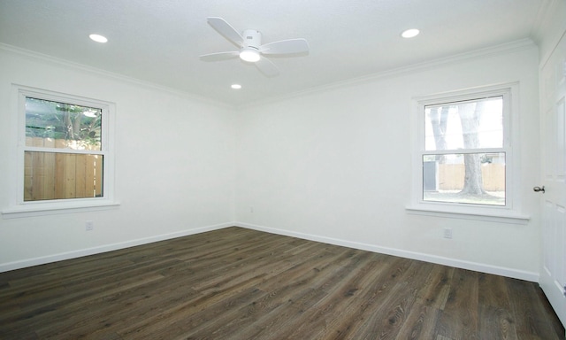 5313 De Lange Ln, Houston, TX 77092 - unfurnished room featuring dark wood finished floors, ceiling fan, crown molding, recessed lighting, and baseboards