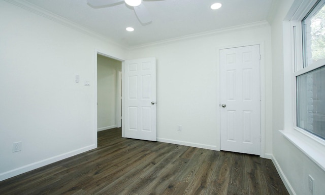 5313 De Lange Ln, Houston, TX 77092 - unfurnished bedroom with crown molding, dark wood finished floors, recessed lighting, and ceiling fan