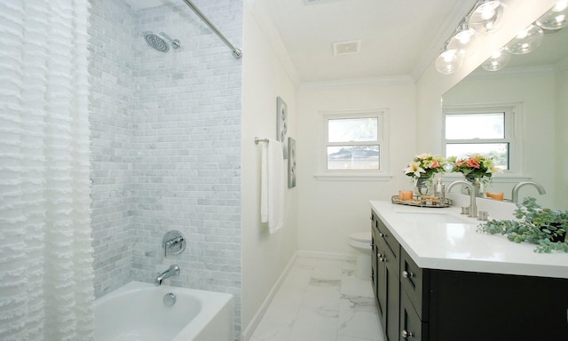 5313 De Lange Ln, Houston, TX 77092 - full bath with vanity, shower / bath combo, marble look tiles, and crown molding