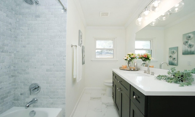 5313 De Lange Ln, Houston, TX 77092 - bathroom featuring vanity, crown molding, marble look tiles, baseboards, and shower / bathtub combination