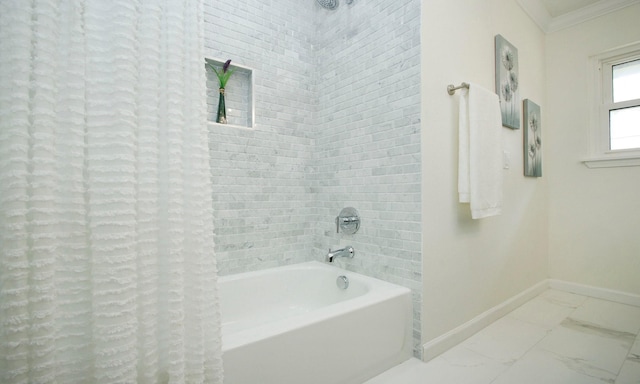 5313 De Lange Ln, Houston, TX 77092 - bathroom featuring baseboards, shower / bath combination with curtain, crown molding, and marble look tile flooring