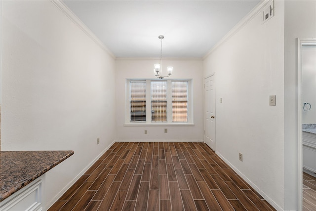 5515 Strack Rd Unit 101, Houston, TX 77069 - unfurnished dining area featuring a chandelier, baseboards, dark wood-style flooring, and ornamental molding