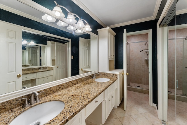5515 Strack Rd Unit 101, Houston, TX 77069 - full bath featuring a shower stall, tile patterned floors, double vanity, and crown molding