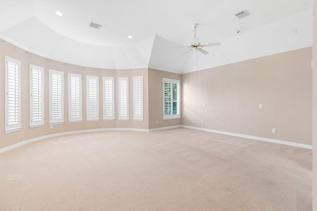 12027 Water Oak Dr, Magnolia, TX 77354 - spare room featuring light carpet, baseboards, ceiling fan, ornamental molding, and recessed lighting