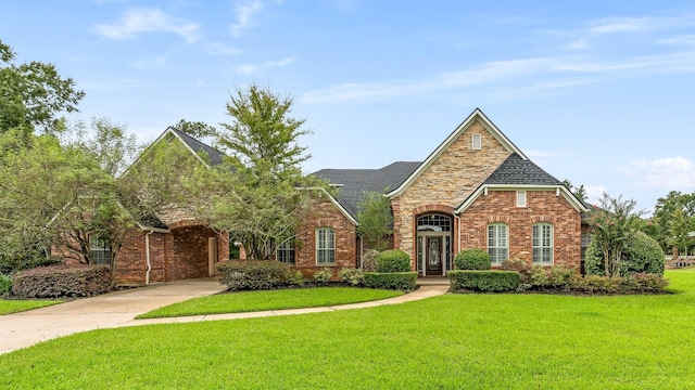 12027 Water Oak Dr, Magnolia, TX 77354 - tudor-style house featuring a front lawn and brick siding