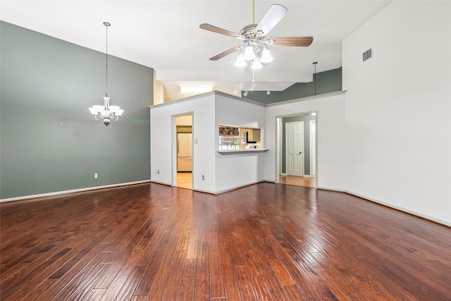 3336 Thornwood Way, Huntsville, TX 77340 - unfurnished living room with hardwood / wood-style flooring, a chandelier, ceiling fan, baseboards, and high vaulted ceiling