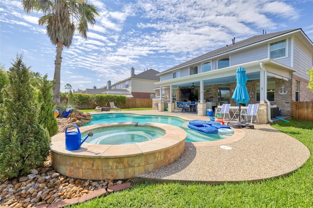 8210 Edenwood Dr, Spring, TX 77389 - view of swimming pool featuring a fenced backyard, a patio, a pool with connected hot tub, and a ceiling fan