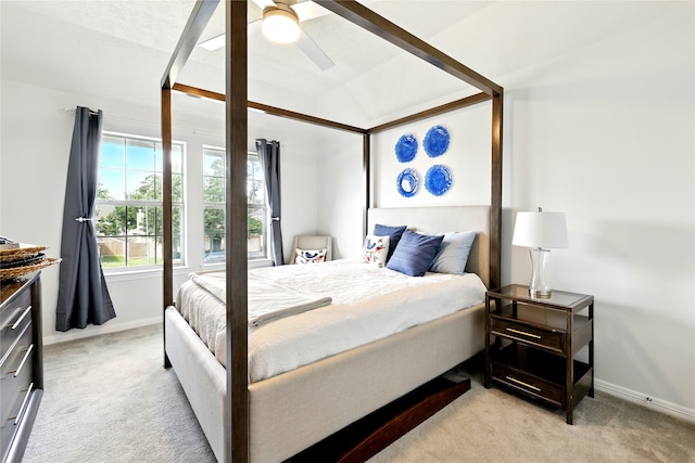 8210 Edenwood Dr, Spring, TX 77389 - bedroom with light carpet, baseboards, a ceiling fan, and lofted ceiling