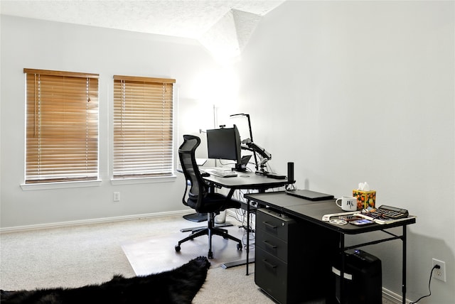 8210 Edenwood Dr, Spring, TX 77389 - office area featuring carpet floors, baseboards, and a textured ceiling