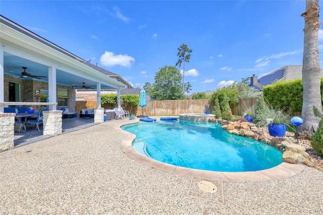 8210 Edenwood Dr, Spring, TX 77389 - view of swimming pool with a ceiling fan, a fenced backyard, a patio area, and a pool with connected hot tub