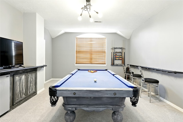 8210 Edenwood Dr, Spring, TX 77389 - recreation room featuring carpet floors, baseboards, lofted ceiling, and billiards