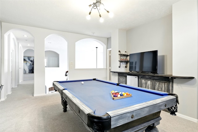 8210 Edenwood Dr, Spring, TX 77389 - game room with carpet, baseboards, pool table, and arched walkways