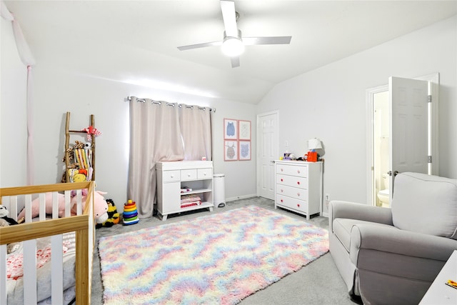 8210 Edenwood Dr, Spring, TX 77389 - carpeted bedroom with vaulted ceiling and a ceiling fan