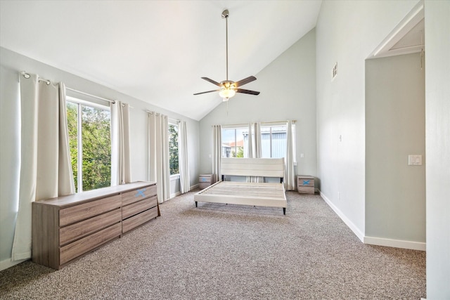 616 Lester St, Houston, TX 77007 - unfurnished bedroom featuring carpet, baseboards, high vaulted ceiling, and ceiling fan