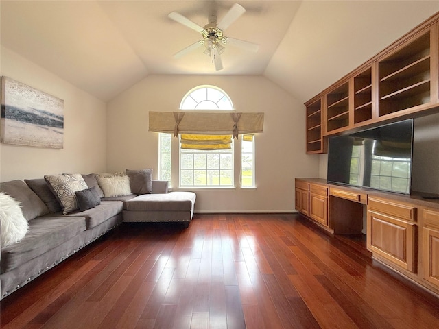 522 Chickory Field Ln, Pearland, TX 77584 - living area with ceiling fan, vaulted ceiling, and dark wood-style flooring