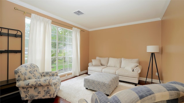 522 Chickory Field Ln, Pearland, TX 77584 - living room with baseboards, ornamental molding, and wood finished floors