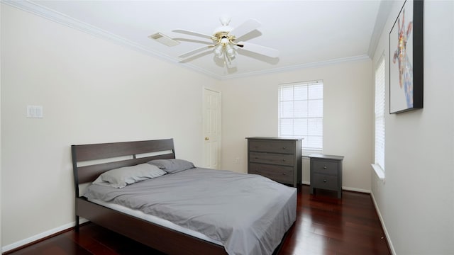 522 Chickory Field Ln, Pearland, TX 77584 - bedroom featuring ornamental molding, baseboards, multiple windows, wood finished floors, and a ceiling fan