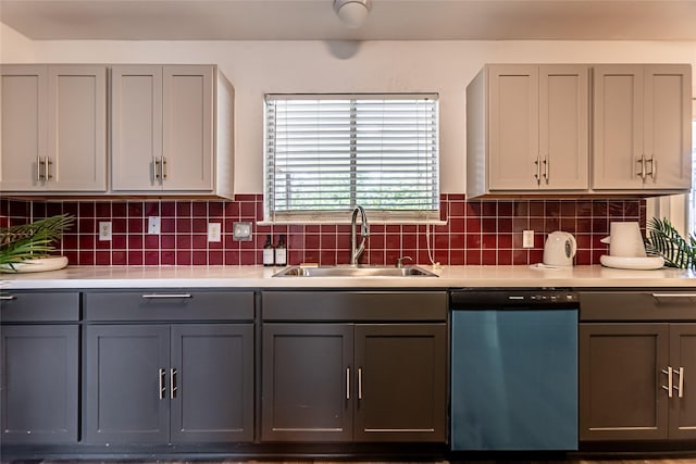 15135 Kamary Ln, San Antonio, TX 78247 - kitchen featuring dishwasher, a sink, gray cabinets, and light countertops