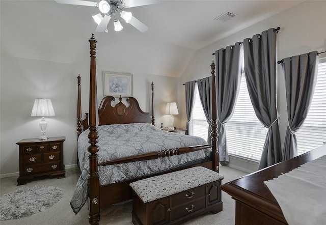8810 Sailing Dr, Humble, TX 77346 - bedroom featuring light colored carpet, lofted ceiling, baseboards, and ceiling fan