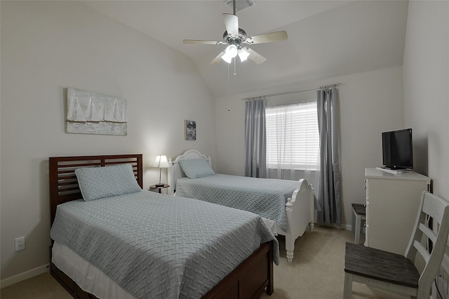 8810 Sailing Dr, Humble, TX 77346 - bedroom with light colored carpet, baseboards, vaulted ceiling, and a ceiling fan