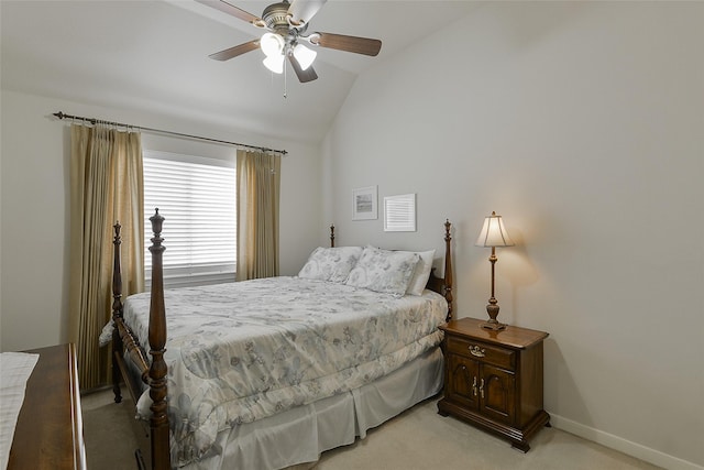 8810 Sailing Dr, Humble, TX 77346 - bedroom with lofted ceiling, light colored carpet, baseboards, and ceiling fan