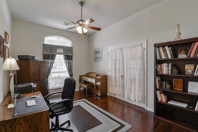 8810 Sailing Dr, Humble, TX 77346 - office space featuring wood finished floors, ceiling fan, and baseboards
