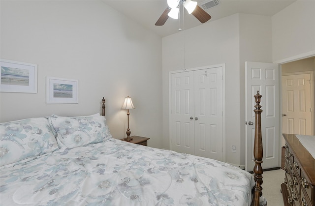8810 Sailing Dr, Humble, TX 77346 - bedroom with high vaulted ceiling, a closet, carpet flooring, and a ceiling fan