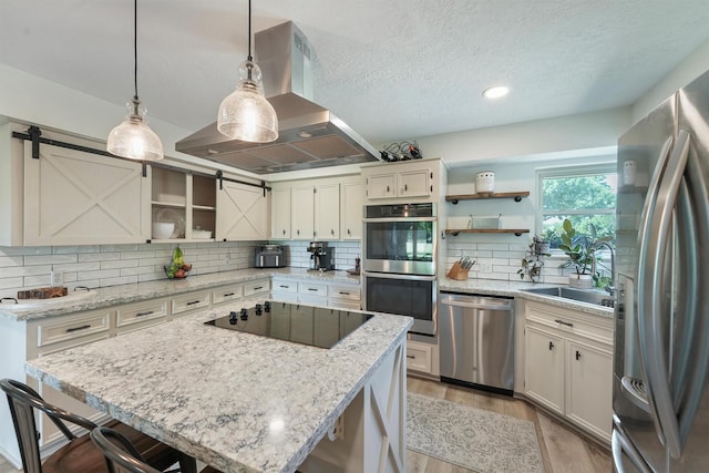 31047 Torrey Rd, Waller, TX 77484 - kitchen with appliances with stainless steel finishes, open shelves, island exhaust hood, a sink, and light wood-style flooring