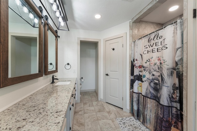 31047 Torrey Rd, Waller, TX 77484 - full bath featuring vanity, toilet, baseboards, recessed lighting, and a shower with shower curtain