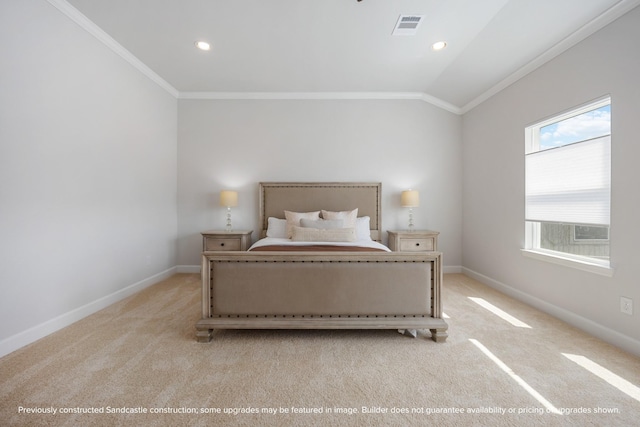 1818 Colquitt St, Houston, TX 77098 - bedroom featuring crown molding, light colored carpet, baseboards, recessed lighting, and vaulted ceiling