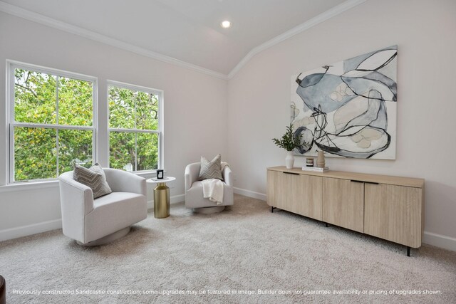 1818 Colquitt St, Houston, TX 77098 - sitting room featuring ornamental molding, lofted ceiling, light carpet, and baseboards
