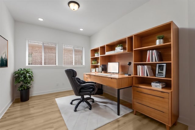 15240 Hemingway Heights Dr, Conroe, TX 77302 - office area featuring light wood-style floors, baseboards, and recessed lighting