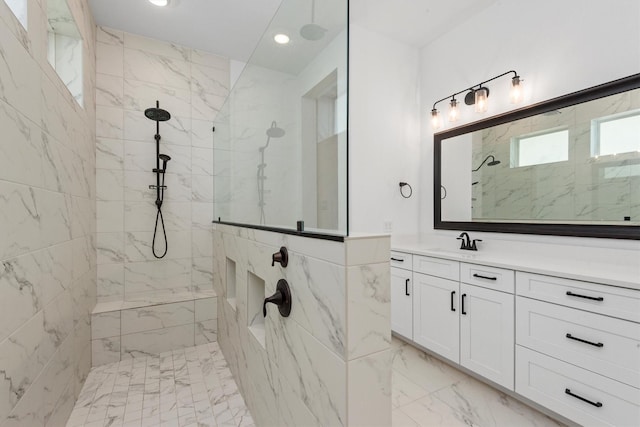 15240 Hemingway Heights Dr, Conroe, TX 77302 - full bathroom with a marble finish shower, vanity, marble finish floors, and recessed lighting
