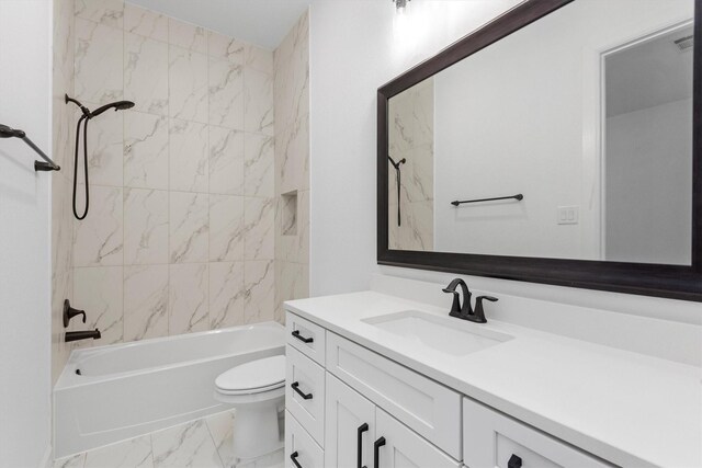 15240 Hemingway Heights Dr, Conroe, TX 77302 - bathroom with vanity, marble look tiles, shower / tub combination, and toilet