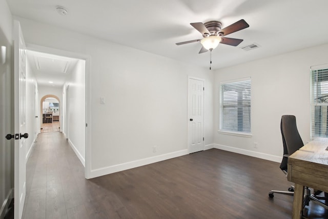 6222 Queensloch Dr, Houston, TX 77096 - unfurnished office featuring attic access, dark wood-style flooring, baseboards, a ceiling fan, and plenty of natural light