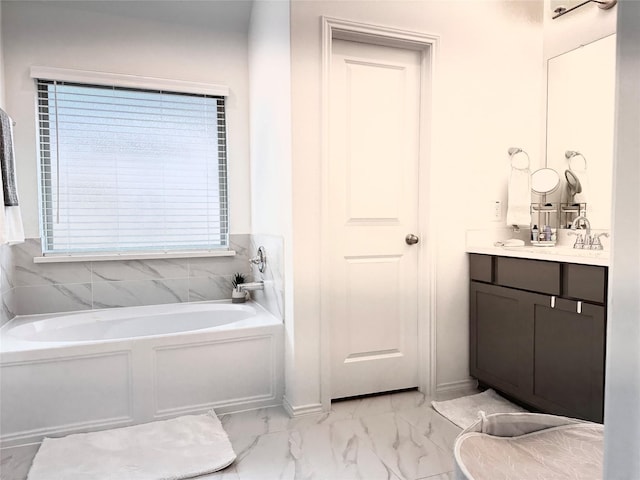 7419 Caprock Canyon Ln, Porter, TX 77365 - bathroom with a bath, vanity, and marble look tile flooring